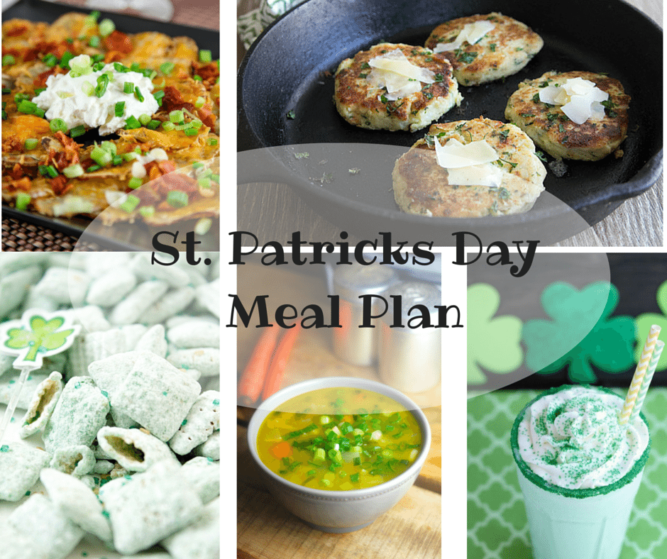 St. Patricks Day Meal Plan, Mom and Kid Approved, Fruit Rainbows, Shamrock Shakes, Mostly Gluten Free, Irish Nachos, Potato Cakes, and Green Puppy Chow - Yes, Please..